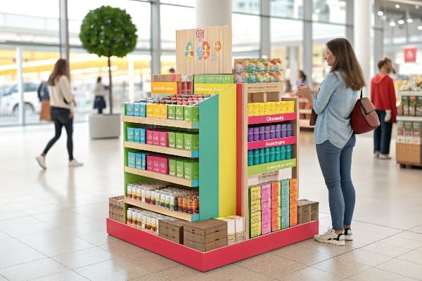 Stand de productos brillantes con estantes