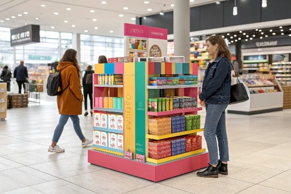 Pantalla colorida de la tienda con productos