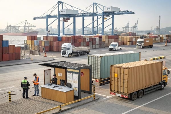 Puerto de contenedores de carga con camiones