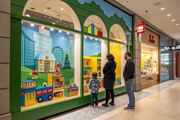 Pantalla de ventana de la tienda de juguetes con juguetes