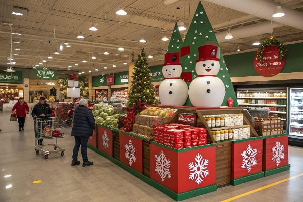 Exhibición de Navidad de la tienda de comestibles con muñecos de nieve
