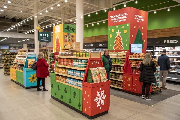 estantes de la tienda de comestibles con exhibiciones festivas