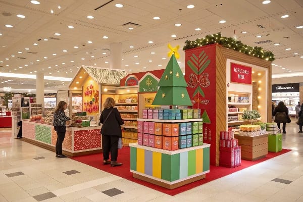 Exhibición de mercancías navideñas con cajas de regalo