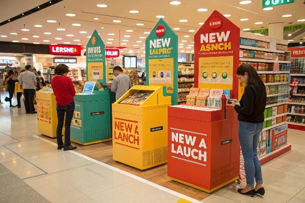 Una tienda minorista con pantallas promocionales y nuevos anuncios de productos.