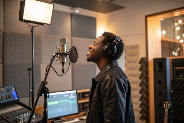 Artista de grabación cantando en estudio
