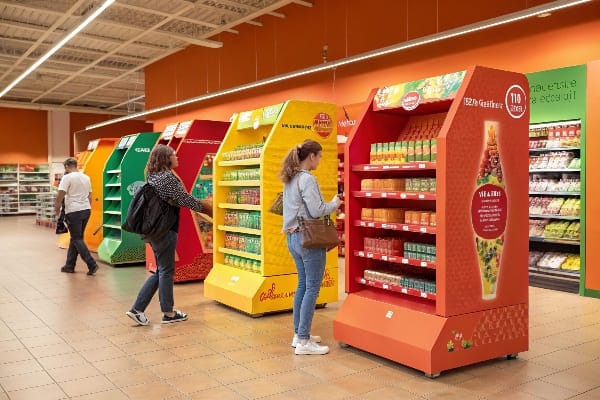 Estantes de productos con colores brillantes en una tienda