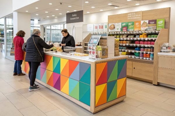 Cliente en un mostrador con pantalla colorida