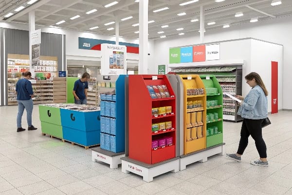 Una tienda minorista con estantes de productos perfectamente organizados en varios colores.