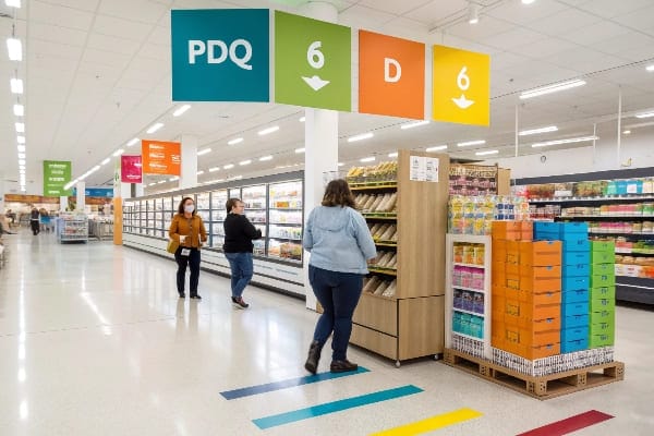 Aisillo de la tienda minorista con señalización y estantes