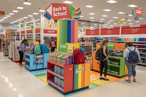 Sección de regreso a la escuela con pantallas y compradores coloridos