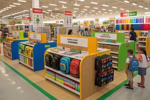Sección de compras de regreso a la escuela con estantes coloridos
