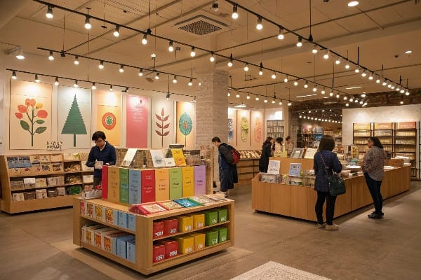 Tienda minorista con libros y tarjetas