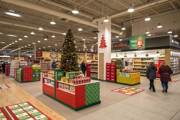 Decoraciones navideñas con árbol de Navidad en la tienda