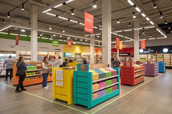 Estantes minoristas coloridos en la tienda