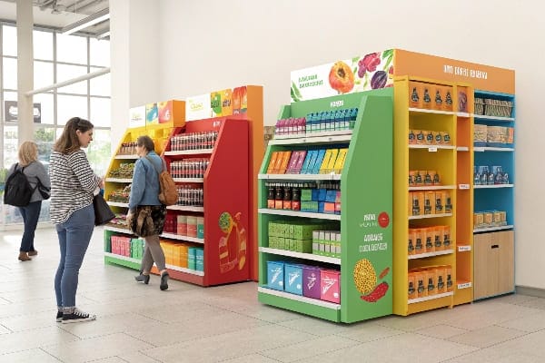 Una tienda con unidades de productos vibrantes y coloridas.