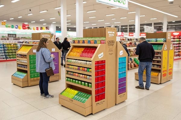 Tienda minorista con coloridas pantallas de productos