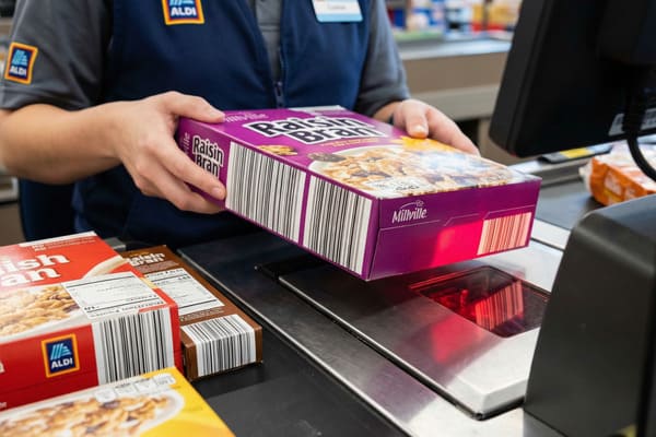 An Aldi employee, wearing a blue uniform with the Aldi logo, scans a purple box of Millville Raisin Bran cereal at a grocery store checkout counter. The barcode on the cereal box is visible as it passes over the red light of the scanner. Other cereal boxes are also on the counter.