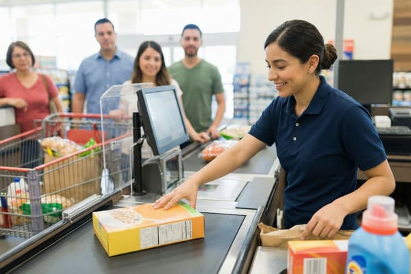 A smiling female cashier in a blue polo shirt scans a box of cereal at a brightly lit supermarket checkout. Customers with full shopping carts wait patiently in line behind her, indicating a busy grocery store environment.