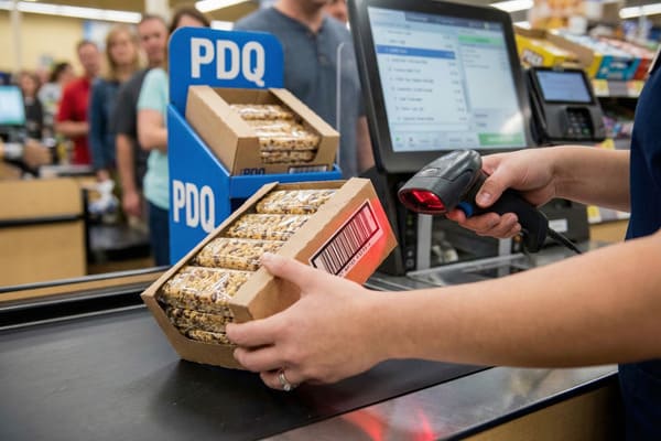 A cashier's hands scanning a brown cardboard display box of individually wrapped granola bars at a grocery store checkout. The red laser from the handheld barcode scanner highlights the product's UPC. In the background, a digital point-of-sale system screen shows items being processed, and a line of customers waits, with another blue PDQ display unit visible.