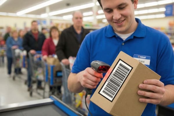 A friendly male Walmart employee, identified as Alex by his name tag, smiles while scanning a barcode on a brown cardboard box with a red laser handheld scanner at a busy supermarket checkout. Several blurred customers with shopping carts are visible waiting in line behind him.