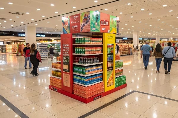 Affichage de produits de supermarché coloré avec plusieurs boissons et collations dans une zone très trafiquante.