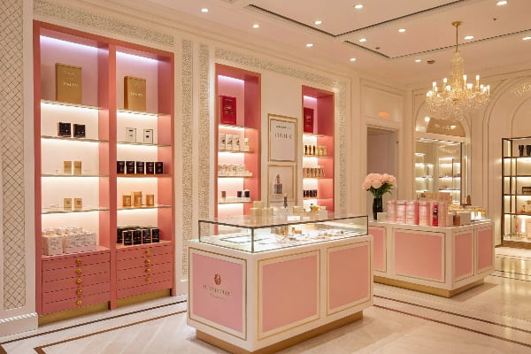 Elegante interior de belleza de belleza de temática rosa con exhibiciones de productos de lujo.