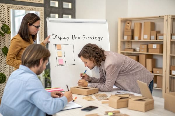 Team, die die Verpackungsstrategie um Flipchart mit Box -Samples besprechen