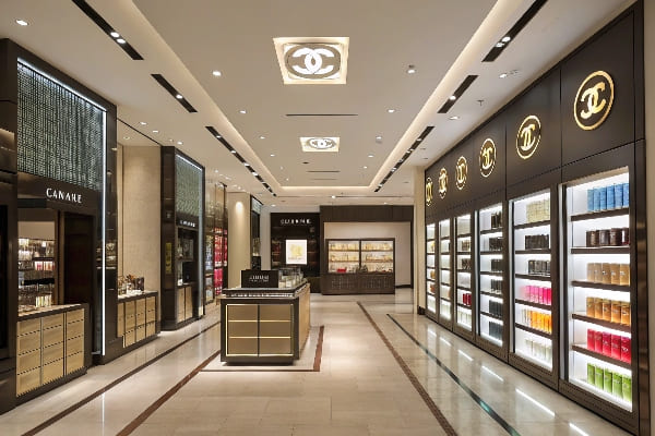 Interior de tiendas cosméticas de alta gama con estantes iluminados y pantallas iluminadas de marca.