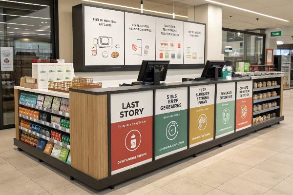 现代结帐柜台展示,带有各种包装商品和标牌