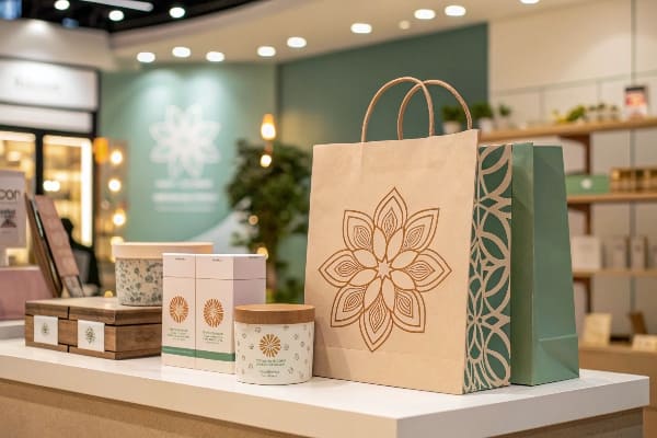 Umweltfreundliches Verpackungsdisplay mit Blumenbranding in einer Boutique.