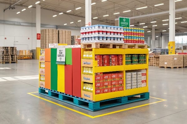 Большой дисплей поддонов с разноцветными объемными продуктами на складе.