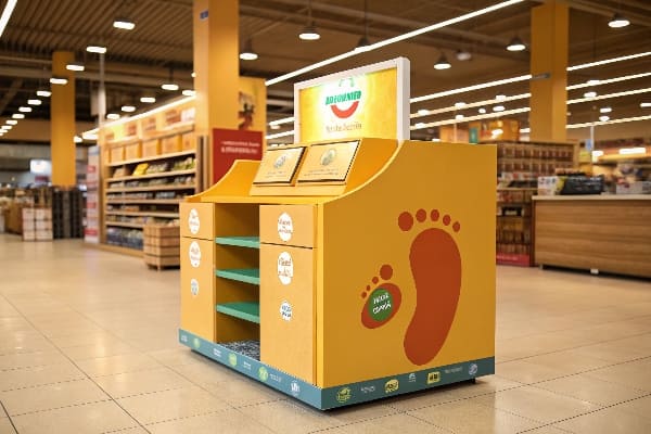 Unidad de pantalla de cartón ecológica con gráfico de huella en la sección de la tienda orgánica.