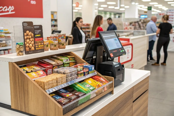 Exibição de lanches de checkout com barras variadas e itens de impulso