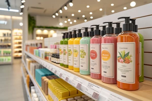 Красочные бутылки для шампуня и ухода за кожей аккуратно расположены на яркой торговой полке.