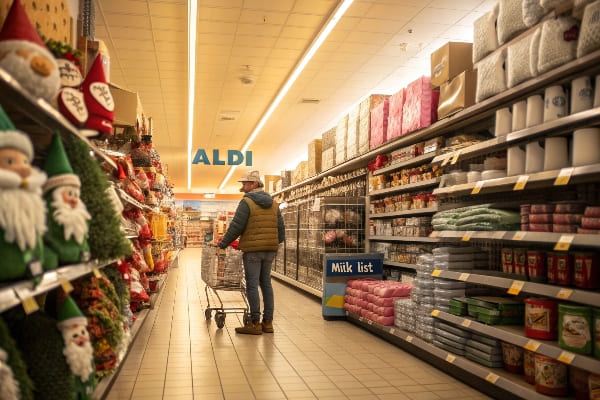 Aldiストア内のお祝いや家庭用通路を通り抜ける顧客。
