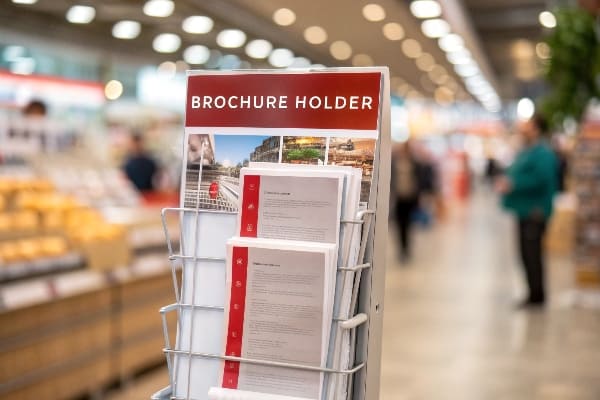 Metal Brochure Stand dans l'allée du magasin de détail, affichant des documents promotionnels avec une signalisation d'en-tête rouge