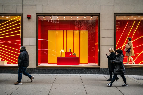 Pantalla de ventana de la tienda minorista con vibrantes paneles rojos y amarillos y peatones que pasan