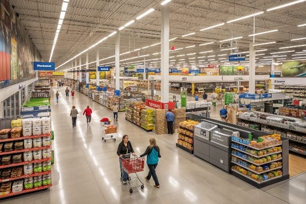 Широкоугольный вид на шумный магазин Walmart с покупателями и аккуратно организованными проходами.