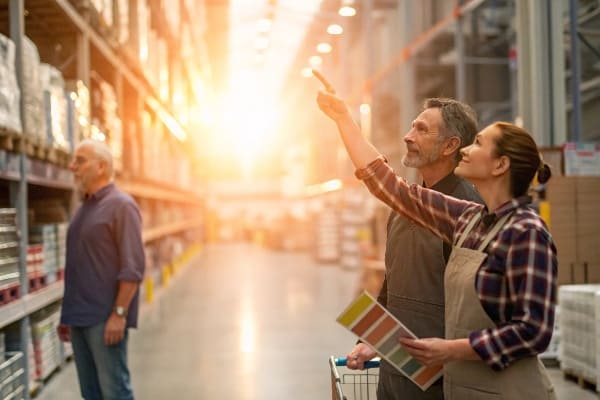 Combina comprando suministros de hardware mientras apunta a los estantes altos con iluminación cálida.