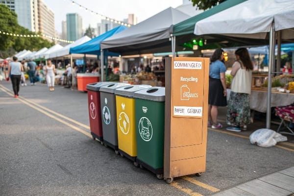 Coloridos contenedores de reciclaje en un mercado al aire libre ocupado.