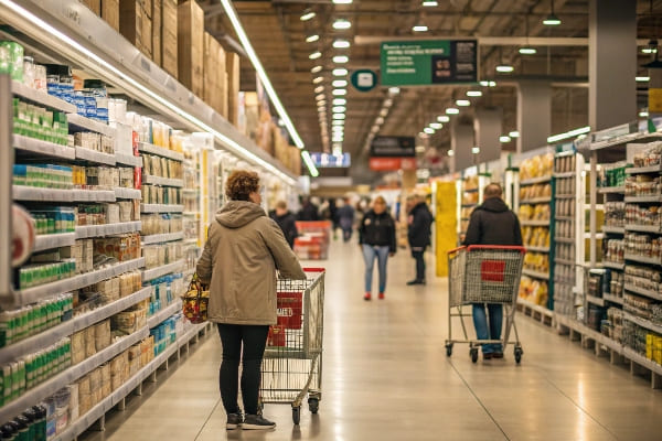 Corredor de supermercado lotado com compradores e carrinhos completos