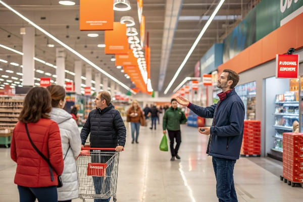 Compradores que navegan por un gran pasillo de tiendas minoristas llenas de señalización de venta.