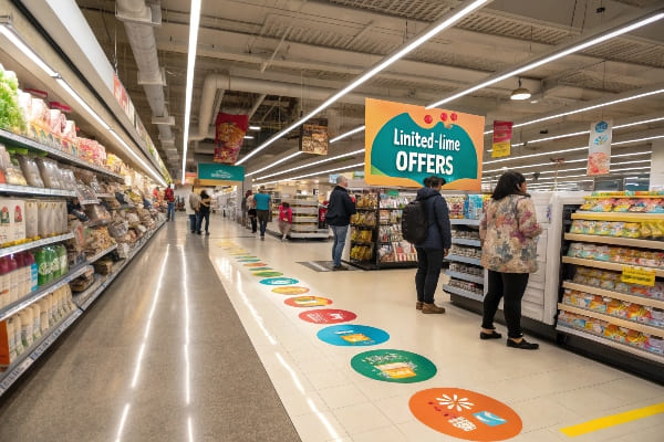 Los compradores que navegan por un pasillo de supermercado brillantemente iluminado con colorida señalización promocional.