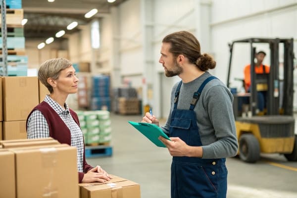 Работники склада обсуждают инвентарь картонной упаковки с буфером обмена