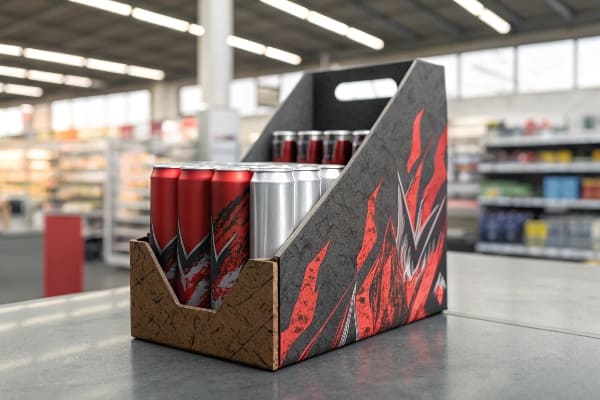 Energy Drink Dosen in einem Markenkartonhalter auf einem Einzelhandelschalter