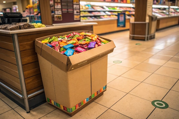 Bac en carton rempli de packs de bonbons colorés placés près d'une zone de caisse d'épicerie
