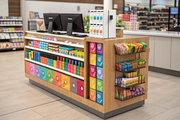 色とりどりのスナックや衝動買い商品がきちんと整理されたレジカウンター。.