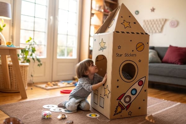 Маленький ребенок играет с картонным ракетным домом в уютной гостиной