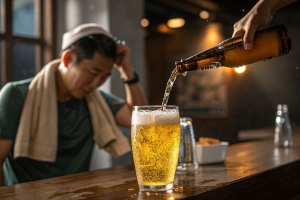 淡啤酒被倒入酒吧的玻璃杯中,附近有疲倦的男人