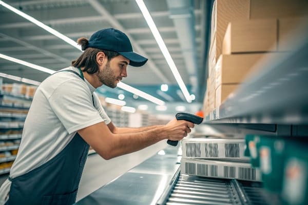バーコードスキャナーを使用して、現代の小売ストックルームでボックスを並べ替える労働者。
